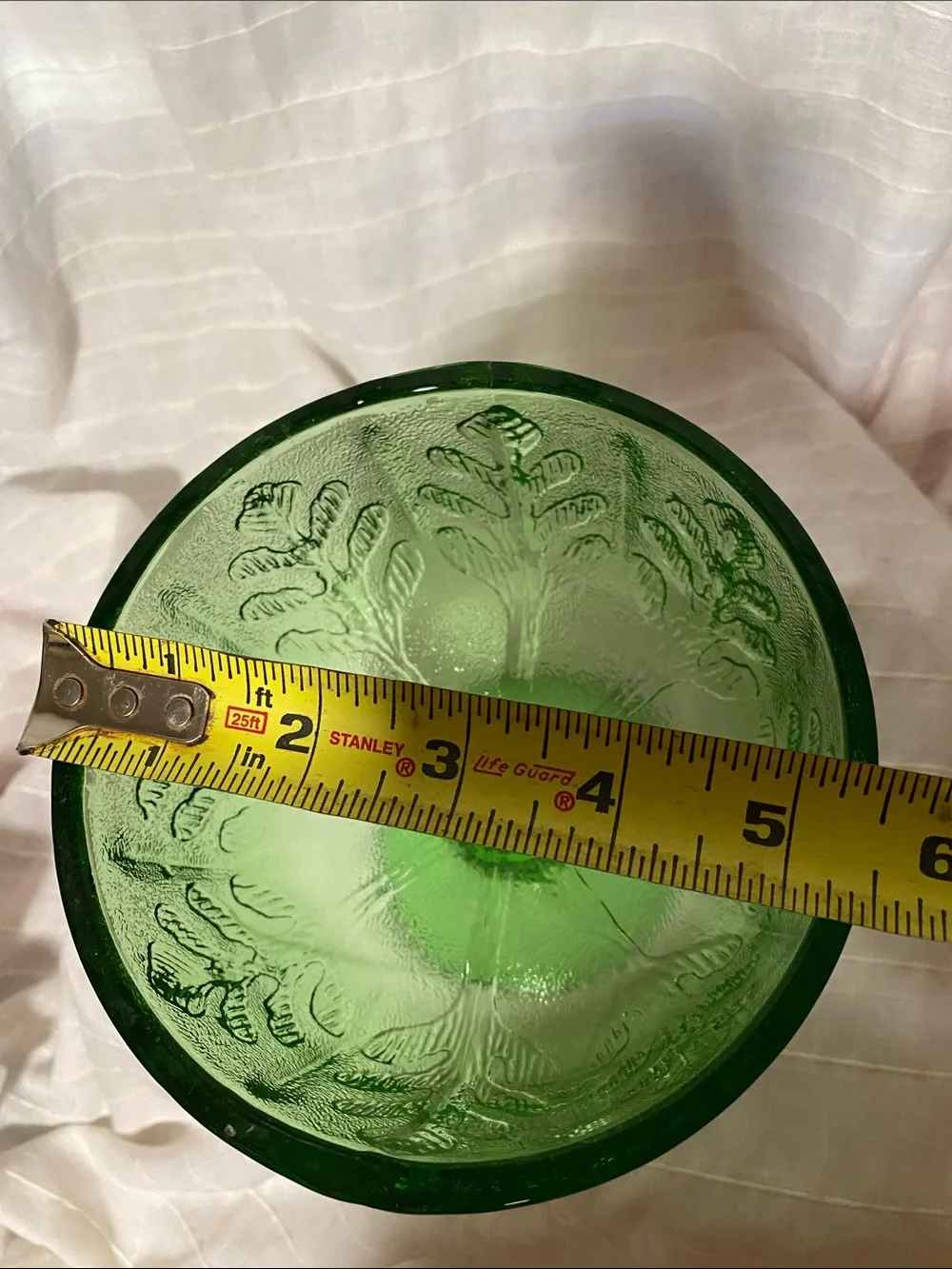 Vintage collectable FTDFloral oak leaf Green Pressed Glass Pedestal Bowl